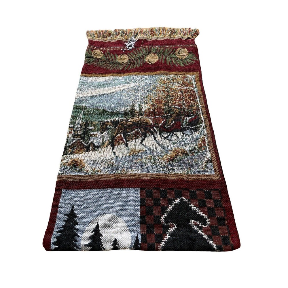 *Tapestry Pillow Case Church Horse Sleigh Snow Bells Trees Fringe Town Jacquard - Picture 3 of 8